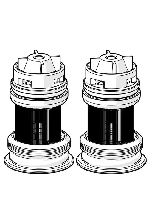 Zwei Schmutzfilter Rückflussverhinderer von HANSA, jeweils mit einem oberen Anschluss und einer runden Basis. Die Filter sind in einem technischen Design dargestellt.